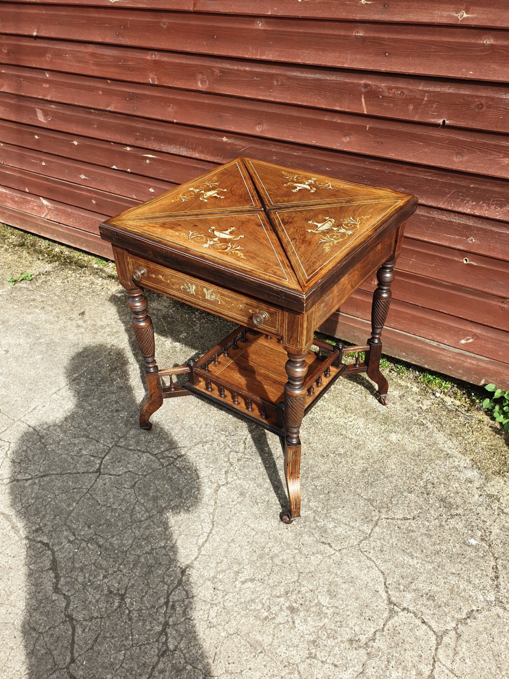 Late Victorian inlaid rosewood envelope card table  View III