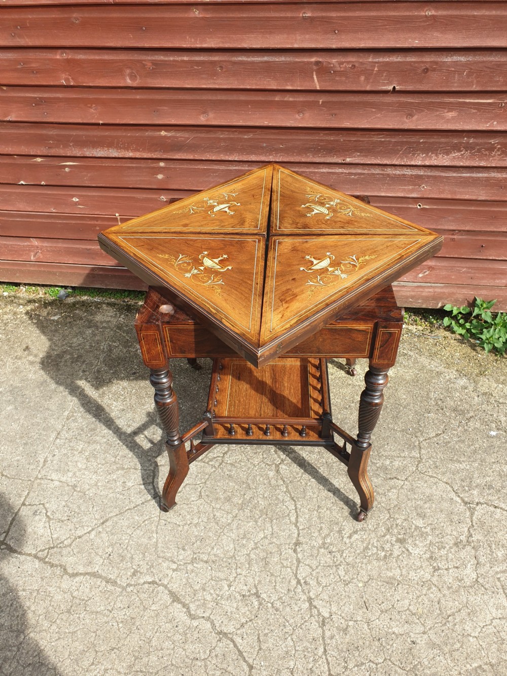 Late Victorian inlaid rosewood envelope card table  View V