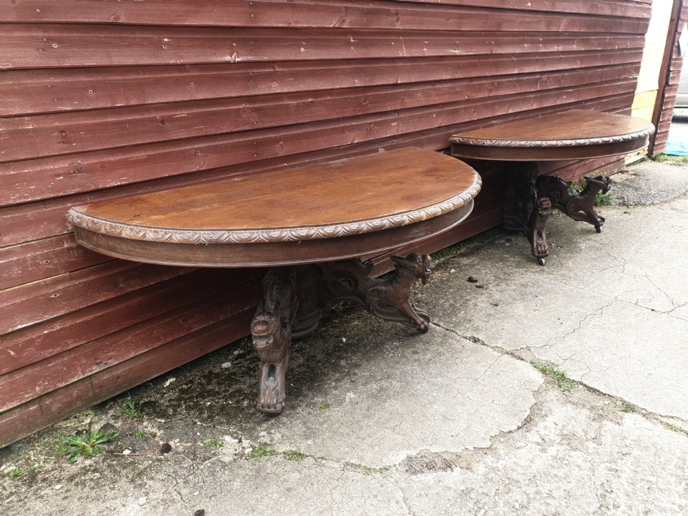 Pair of large carved oak console tables  View V