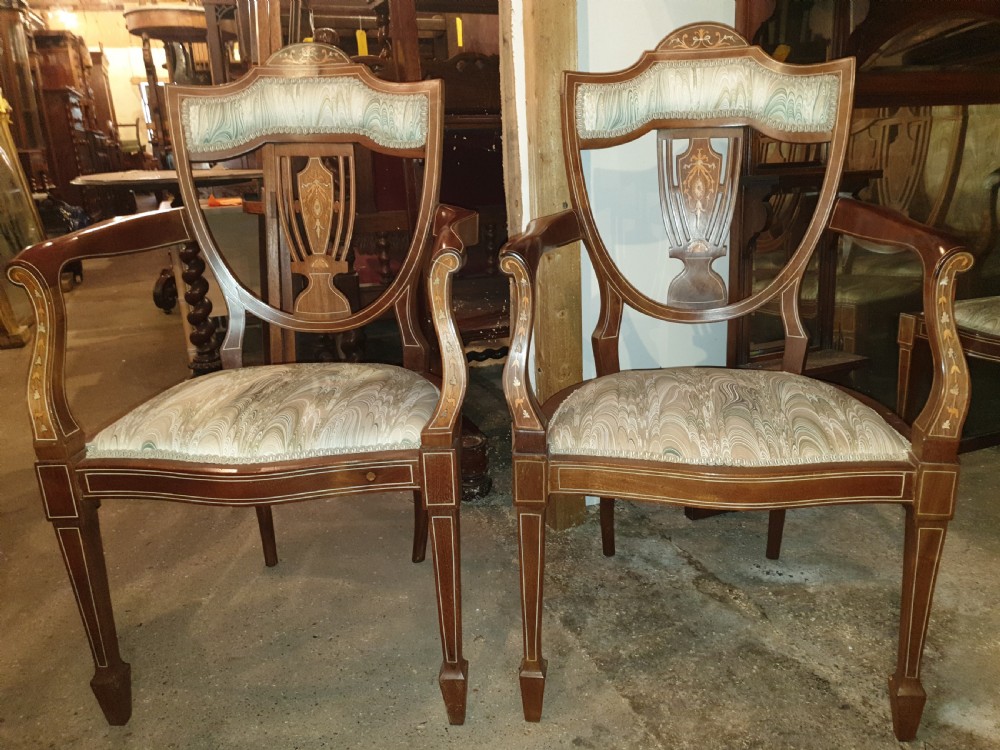 Pair of Edwardian inlaid mahogany armchairs  View II