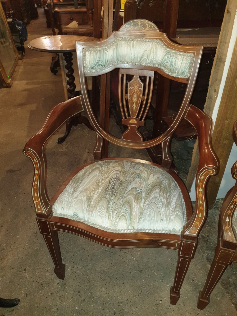 Pair of Edwardian inlaid mahogany armchairs  View III