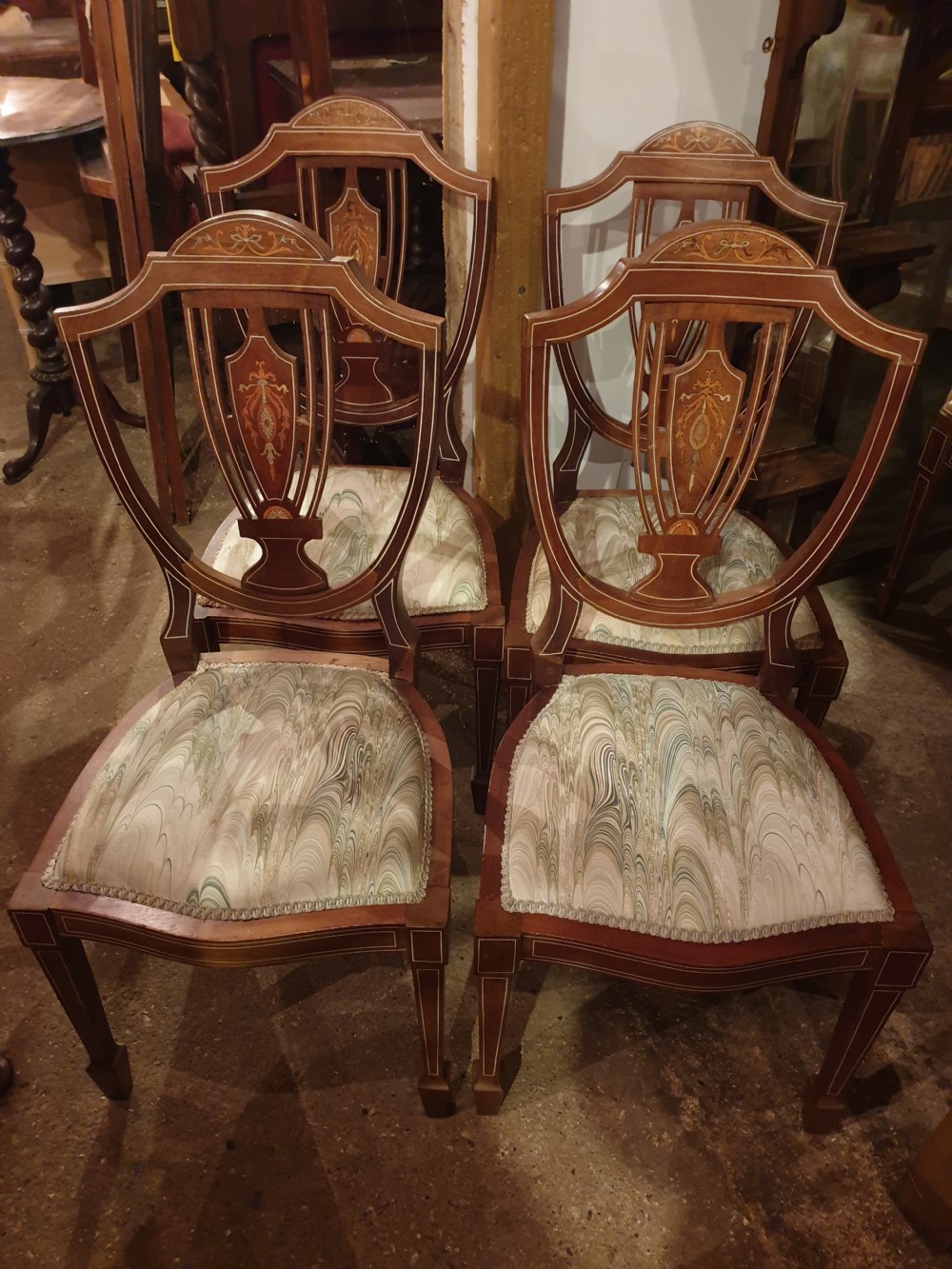 Set of 4 Edwardian nlaid mahogany bedroom  chairs.  View II