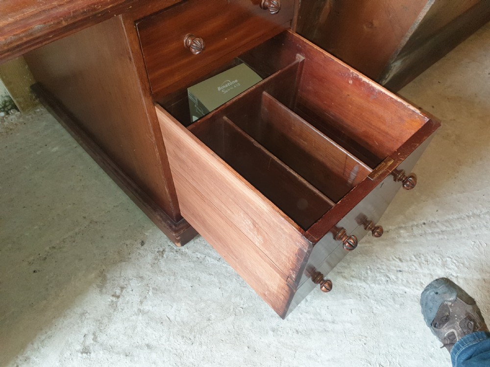 Victorian mahogany kneehole pedestal desk with makers stamp.  View IV