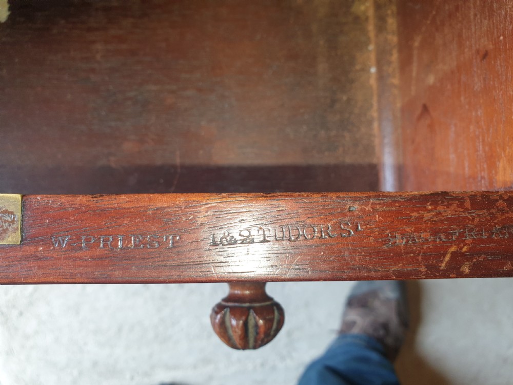 Victorian mahogany kneehole pedestal desk with makers stamp.  View V
