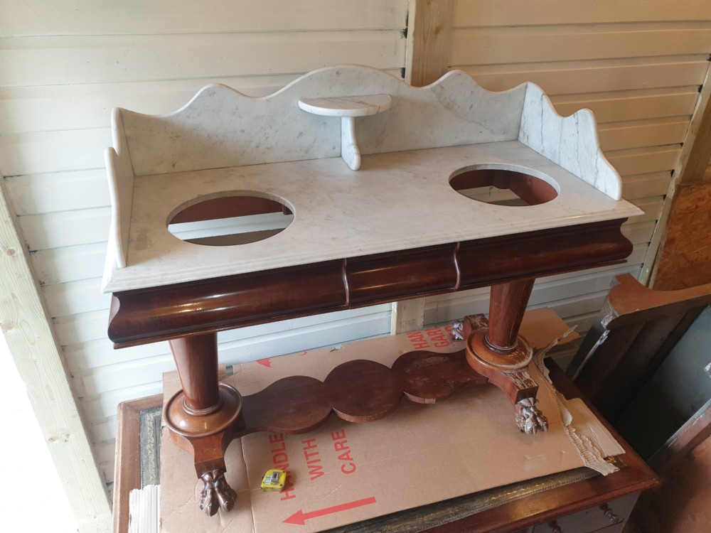Mid Victorian double basin marble top washstand.  View VIII