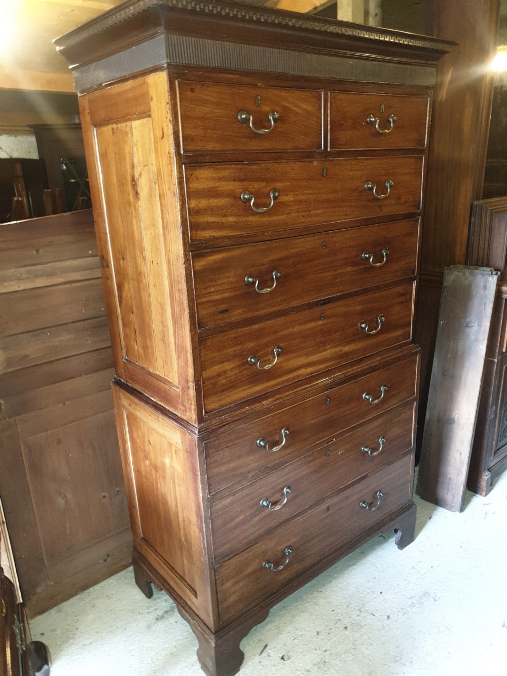 Georgian panelled fruitwood and mahogany tallboy chest. View II