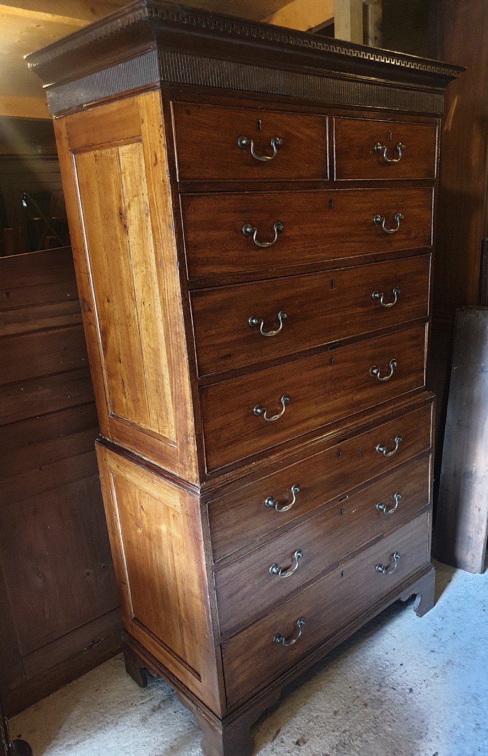 Georgian panelled fruitwood and mahogany tallboy chest. View III