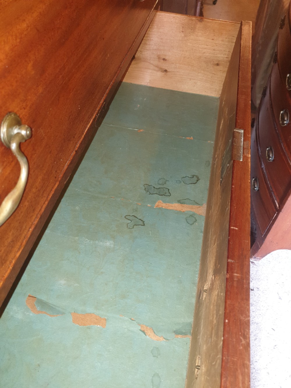 Georgian panelled fruitwood and mahogany tallboy chest. View IV