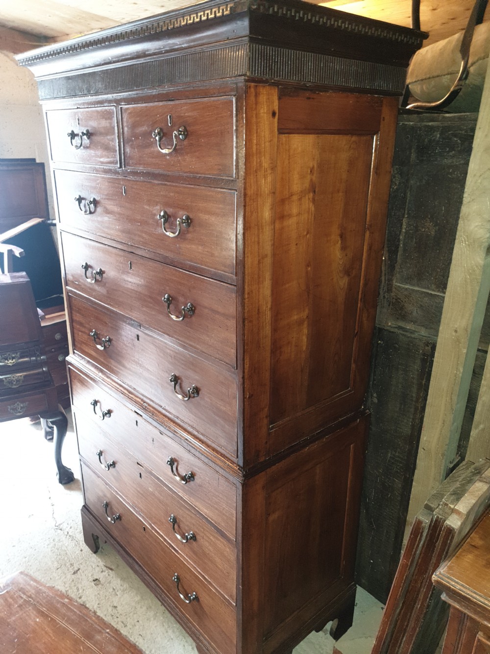 Georgian panelled fruitwood and mahogany tallboy chest. View V