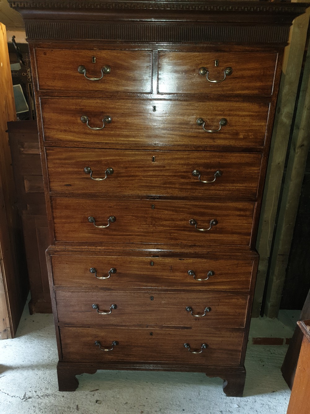 Georgian panelled fruitwood and mahogany tallboy chest. View VI