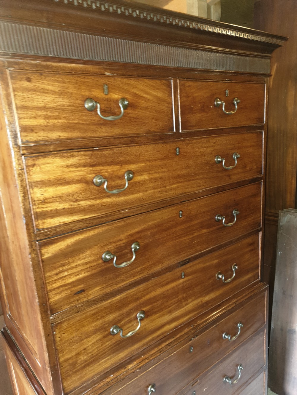 Georgian panelled fruitwood and mahogany tallboy chest. View VII