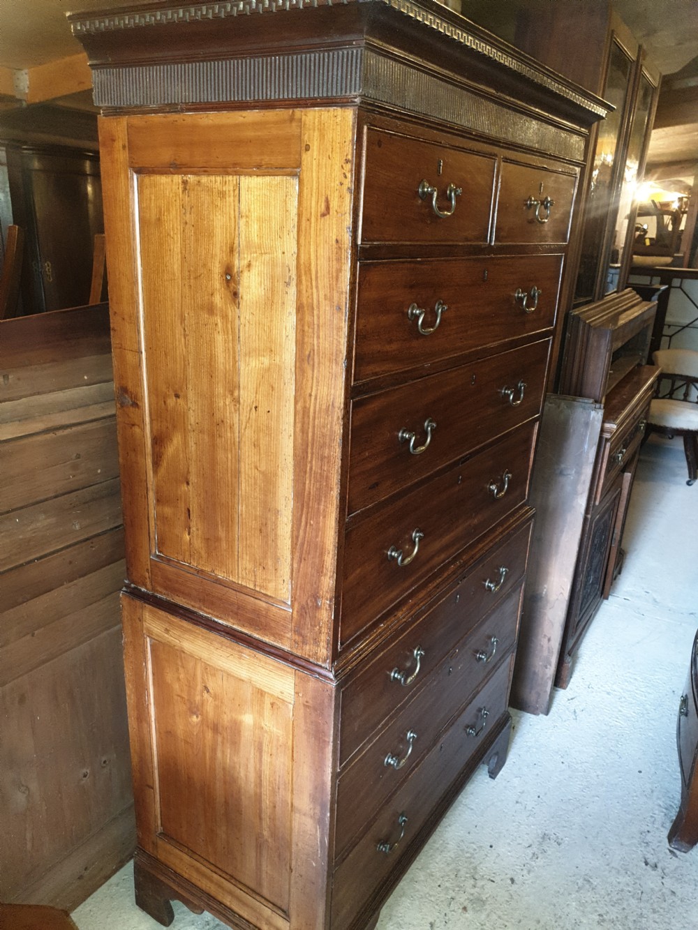 Georgian panelled fruitwood and mahogany tallboy chest. View VIII