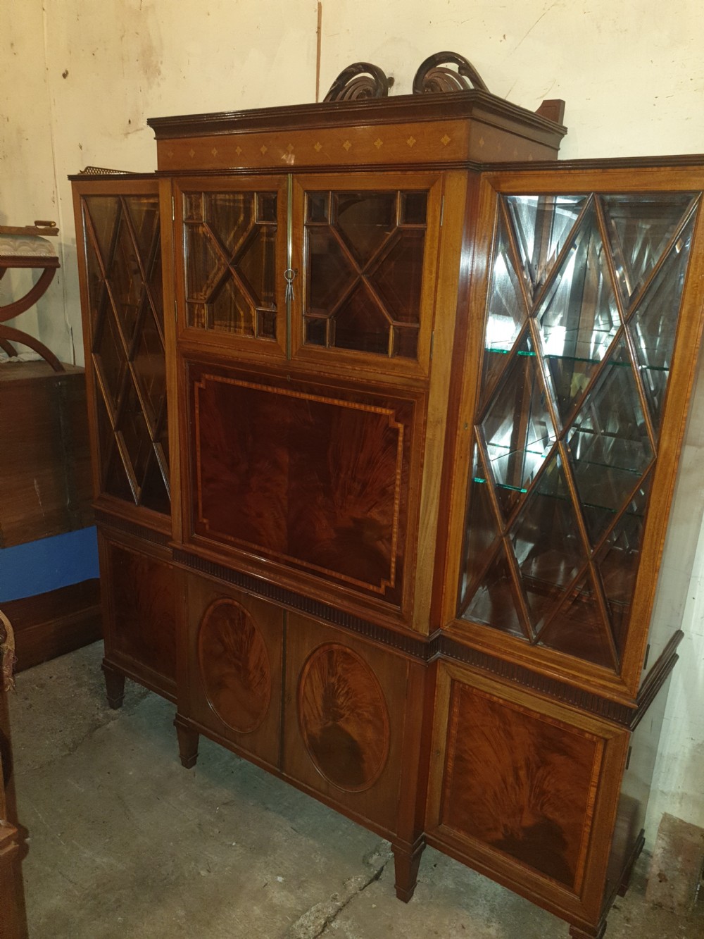 Good quality Edwardian inlaid mahogany secretaire cabinet  View V