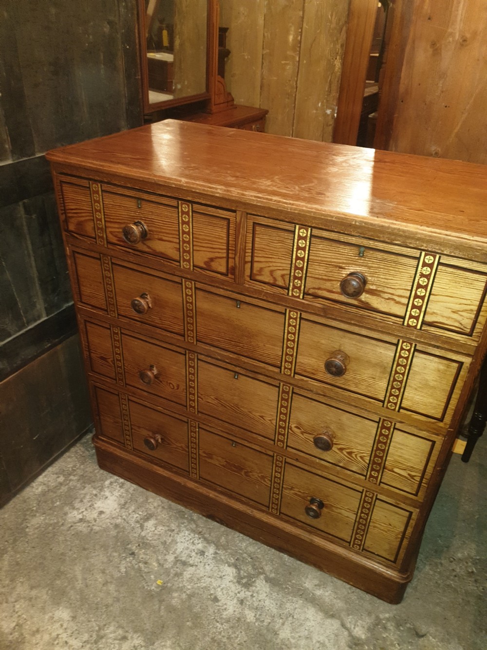 Victorian decorated pine chest of drawers. 