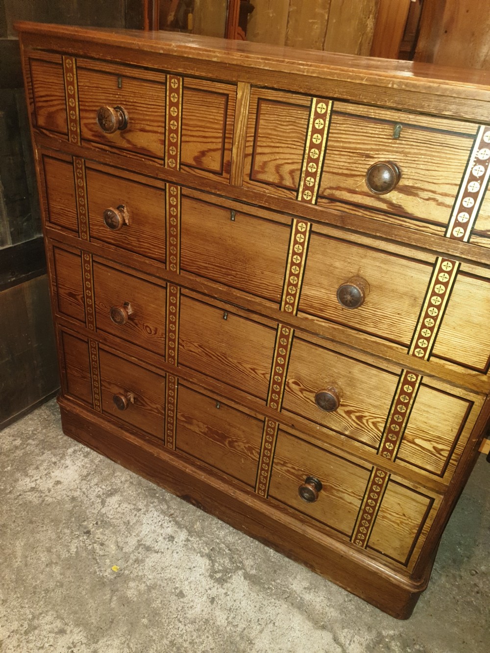 Victorian decorated pine chest of drawers.  View II