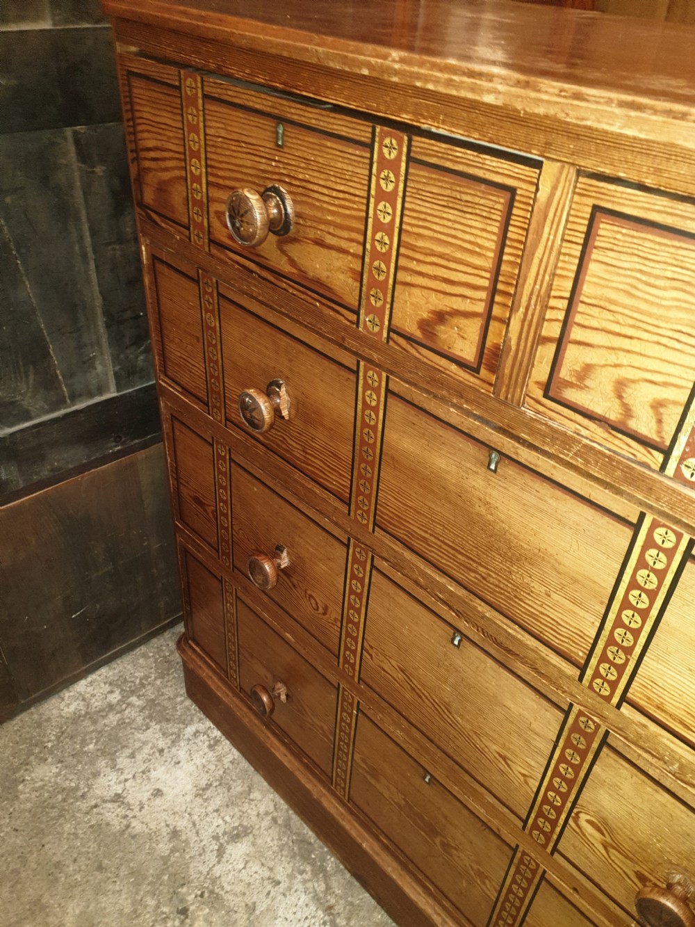 Victorian decorated pine chest of drawers.  View III