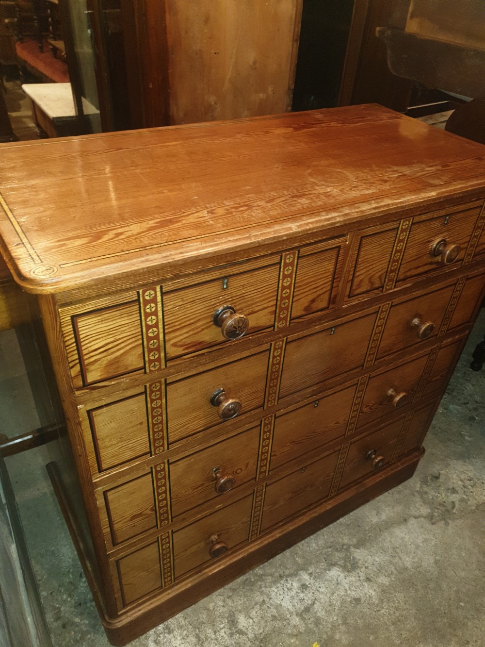 Victorian decorated pine chest of drawers.  View IV
