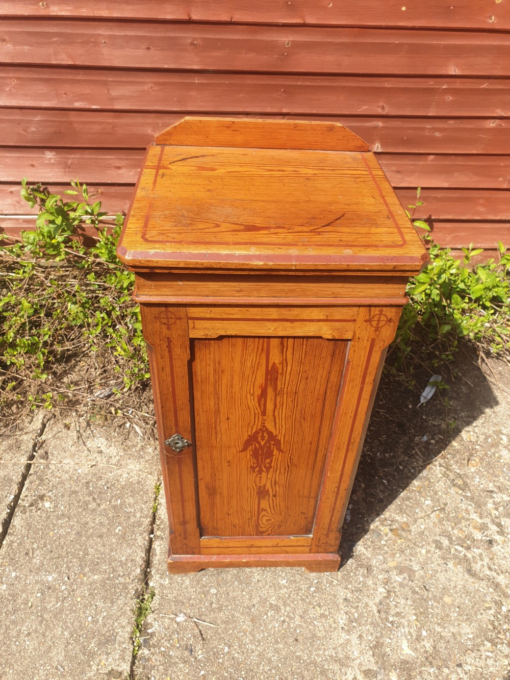 Victorian decorated pine bedside cabinet.  View IV