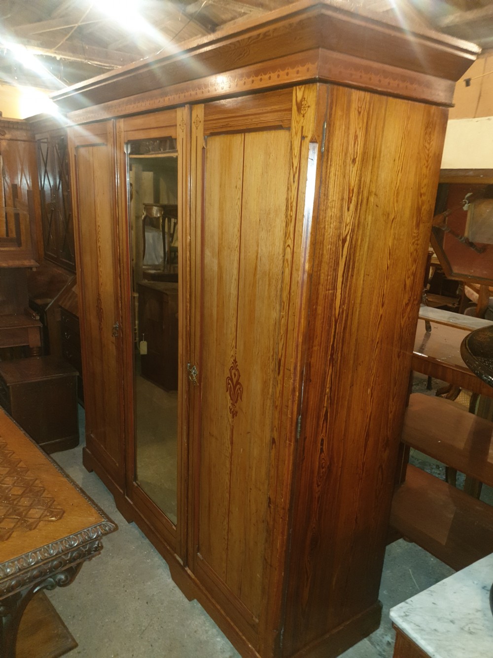 Victorian decorated pine triple wardrobe   View II