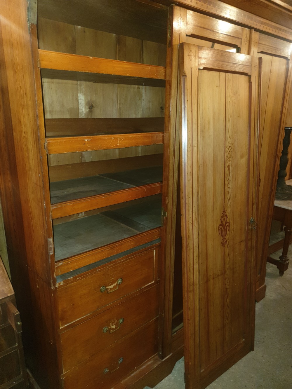 Victorian decorated pine triple wardrobe   View III