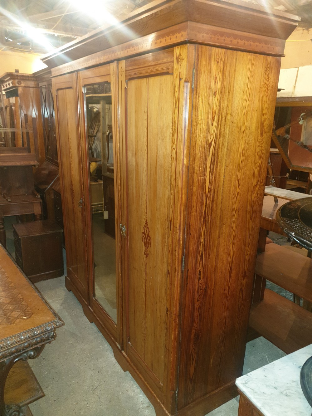 Victorian decorated pine triple wardrobe   View V