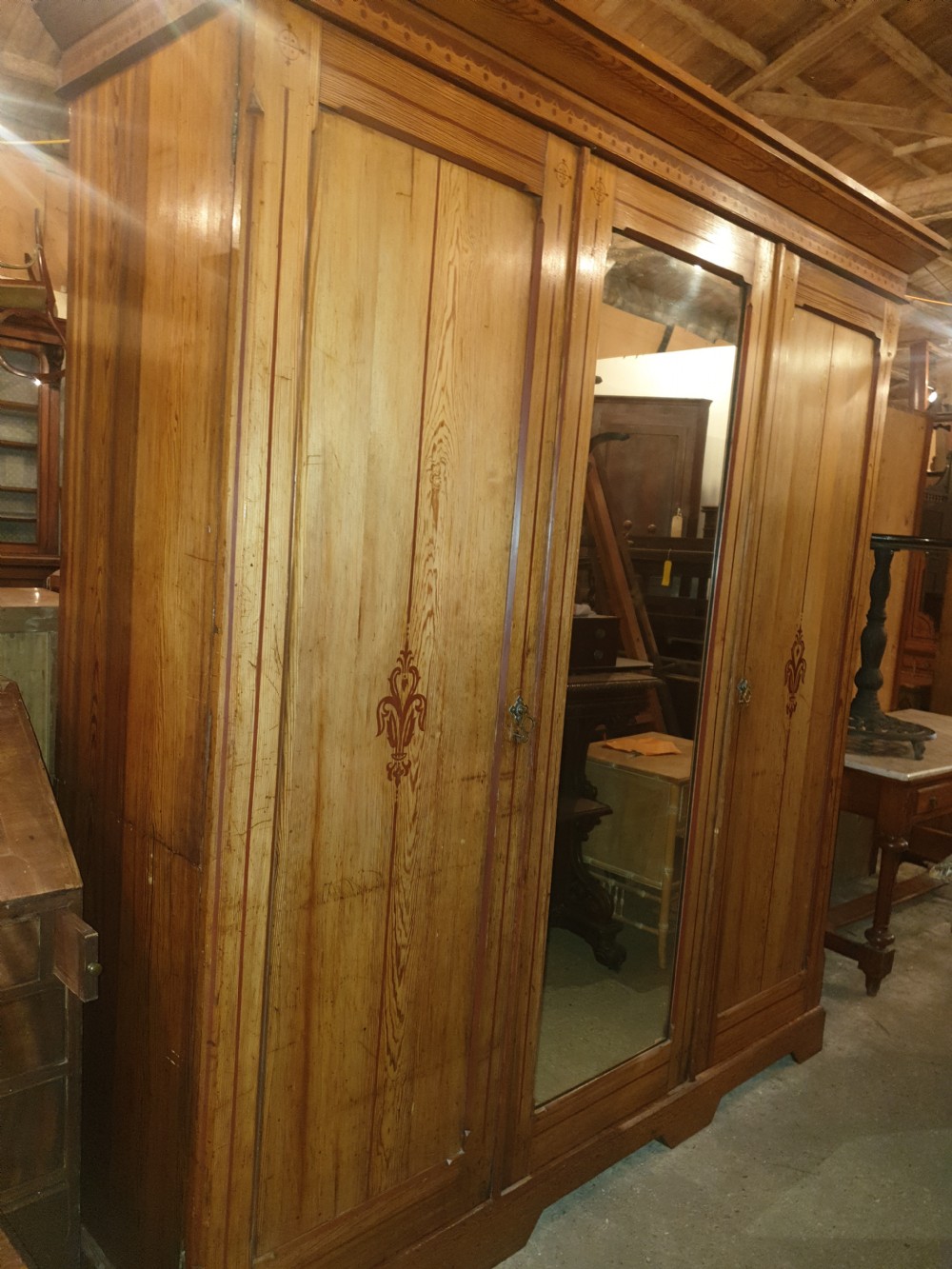 Victorian decorated pine triple wardrobe   View VI