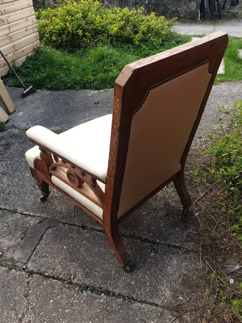 Late,19th century upholstered oak arts and crafts armchair View V
