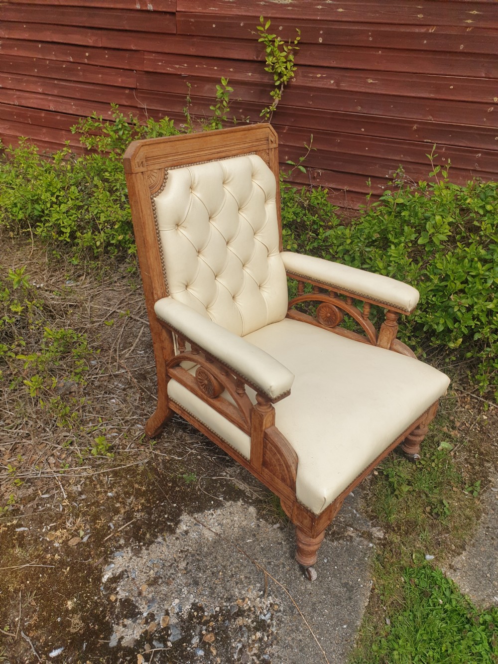 Late,19th century upholstered oak arts and crafts armchair View IX