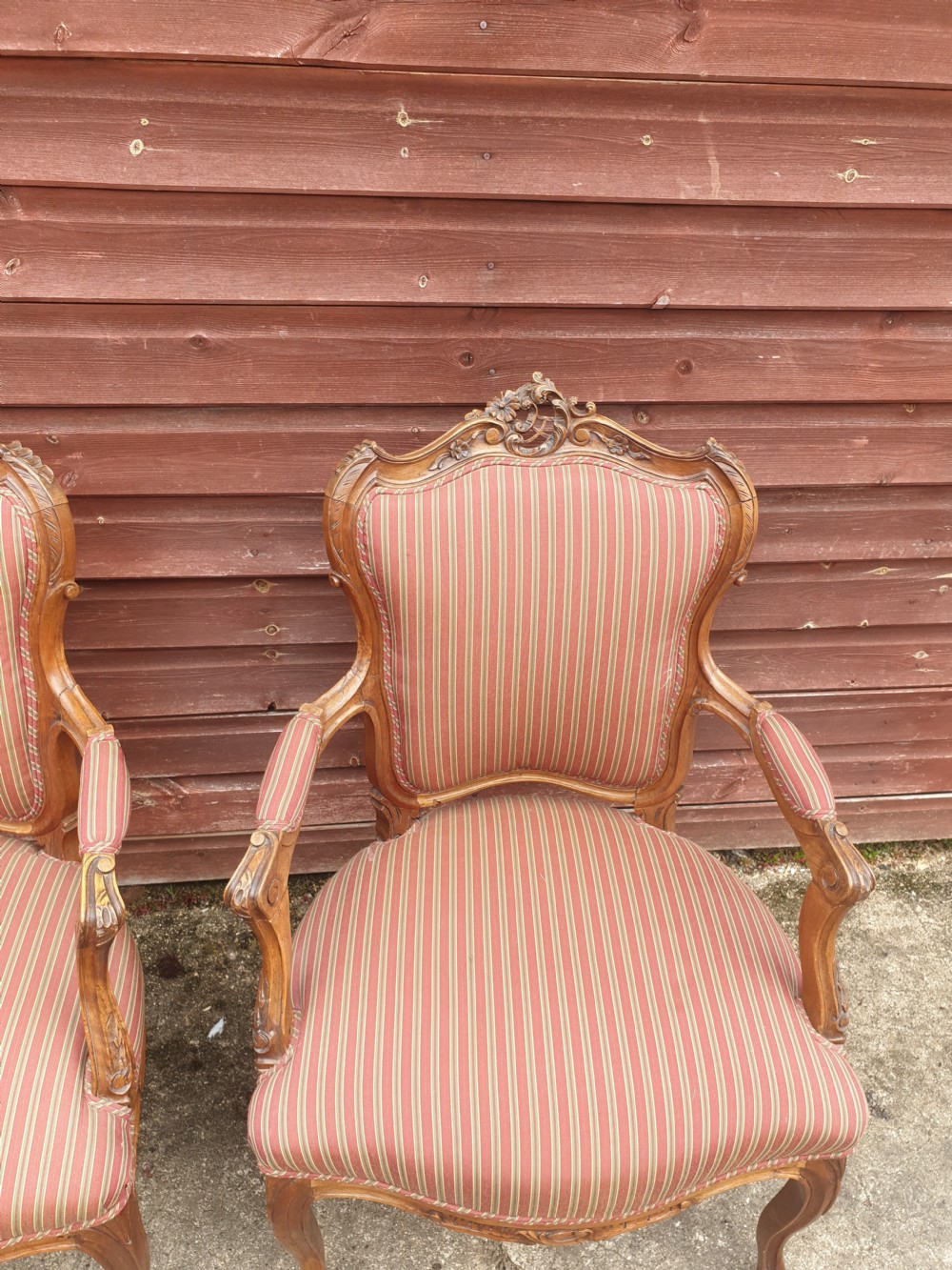 Pair of French carved walnut fauteuil  View V