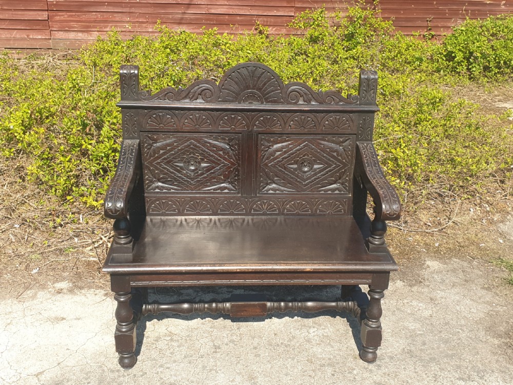 Solid oak late Victorian oak hall bench View II