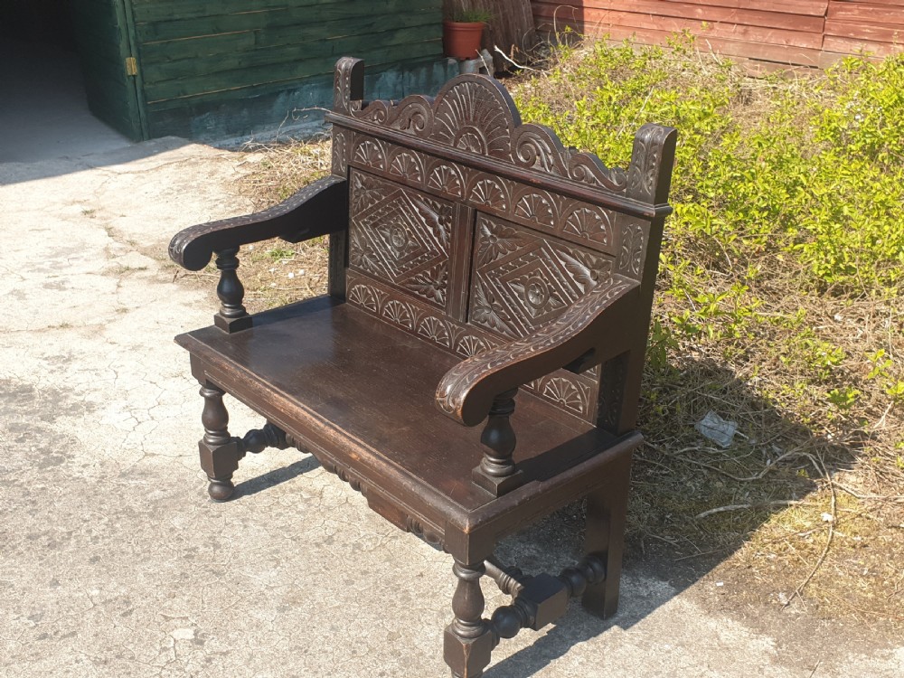 Solid oak late Victorian oak hall bench View III