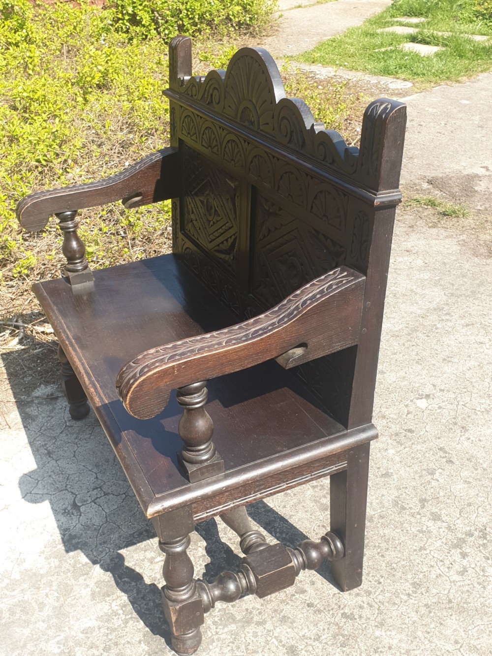 Solid oak late Victorian oak hall bench View V