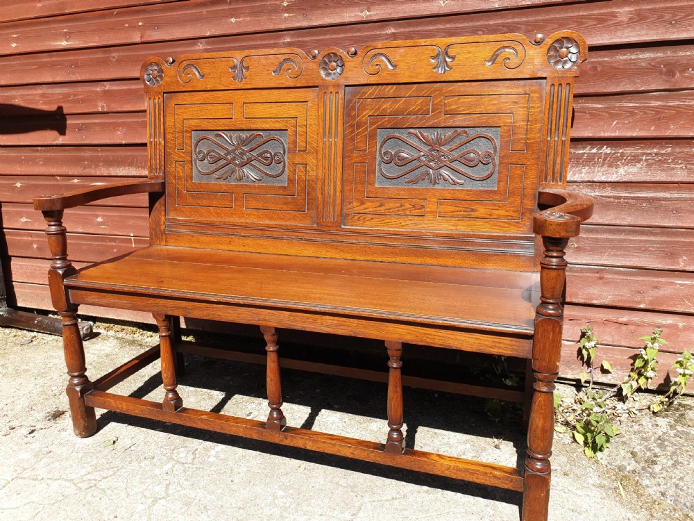Edwardian oak carved panelled hall seat View III