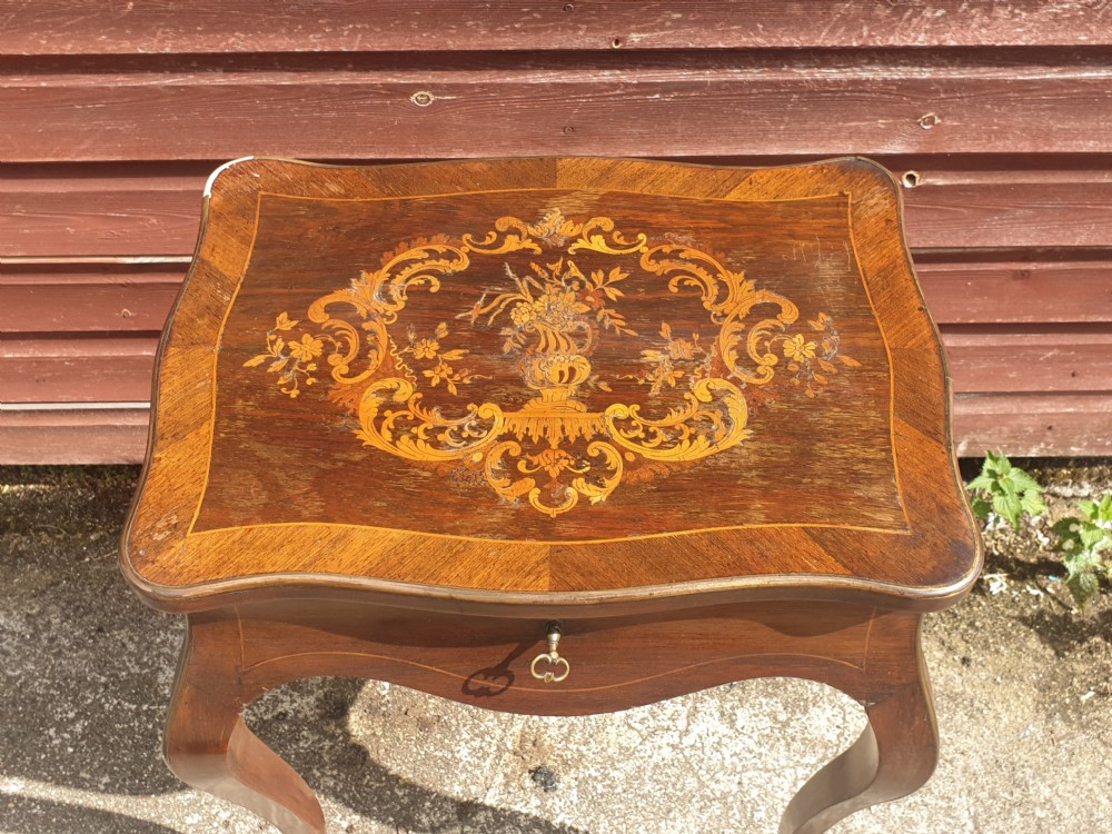 Late 19th century inlaid rosewood side table with lift up lid. View III