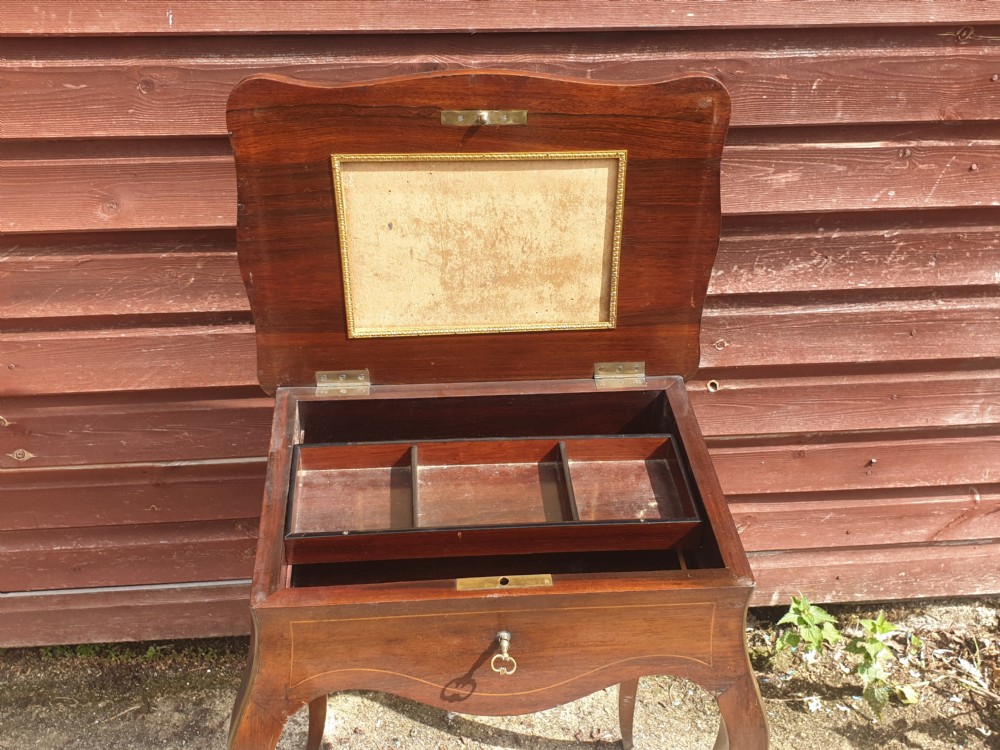 Late 19th century inlaid rosewood side table with lift up lid. View IV