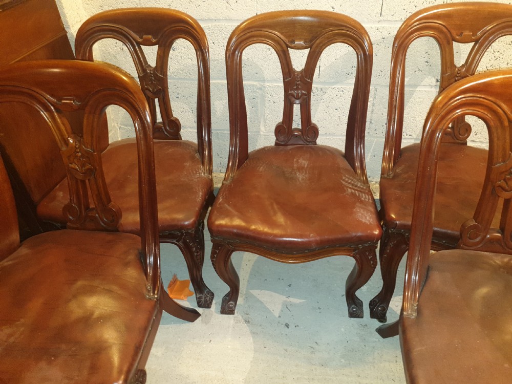 A set of six Victorian carved mahogany dining chairs featuring balloon backs, carved central splats, brown leather seats, and cabriole front legs. View VI