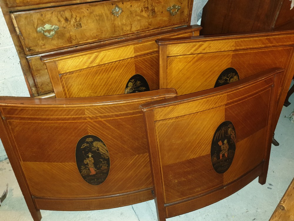 Pair of Edwardian single beds with lacquered panels. View II