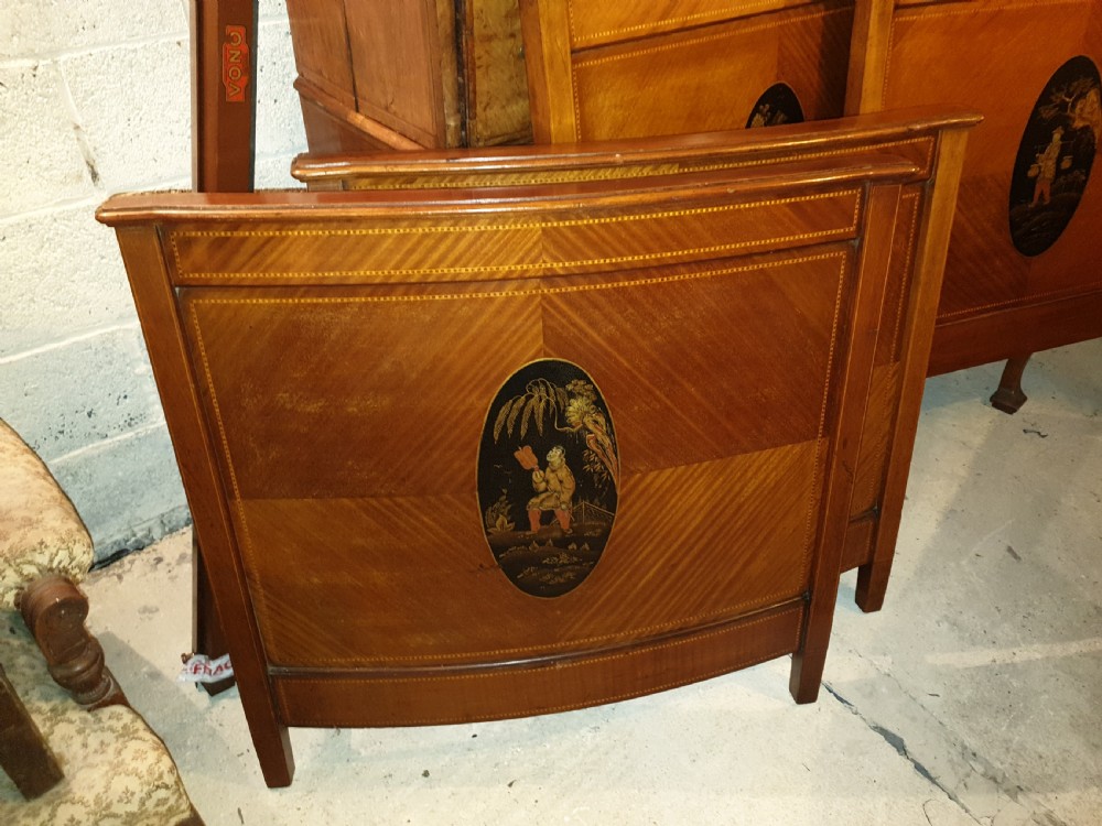 Pair of Edwardian single beds with lacquered panels. View V