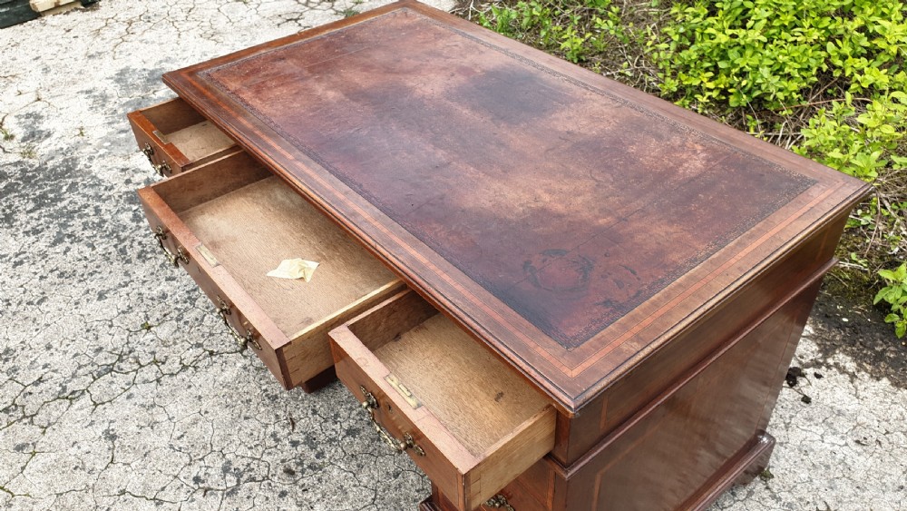 Edwardian inlaid mahogany pedestal desk.  View II