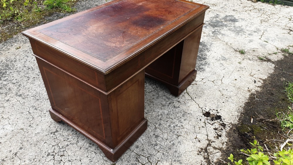 Edwardian inlaid mahogany pedestal desk.  View III