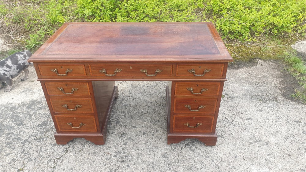 Edwardian inlaid mahogany pedestal desk.  View IV