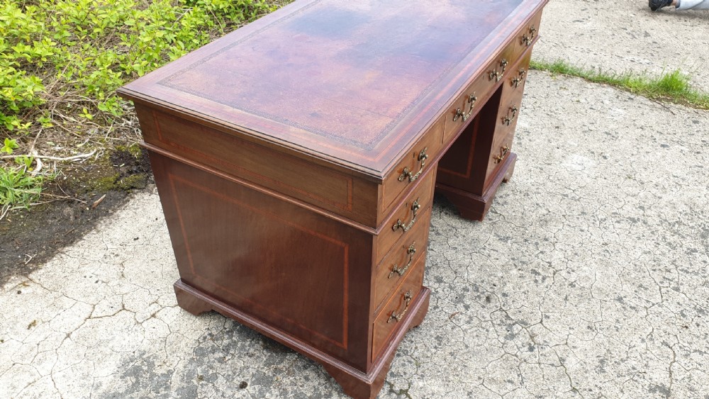 Edwardian inlaid mahogany pedestal desk.  View V