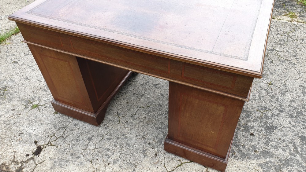Edwardian inlaid mahogany pedestal desk.  View VI