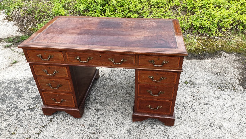 Edwardian inlaid mahogany pedestal desk.  View VII