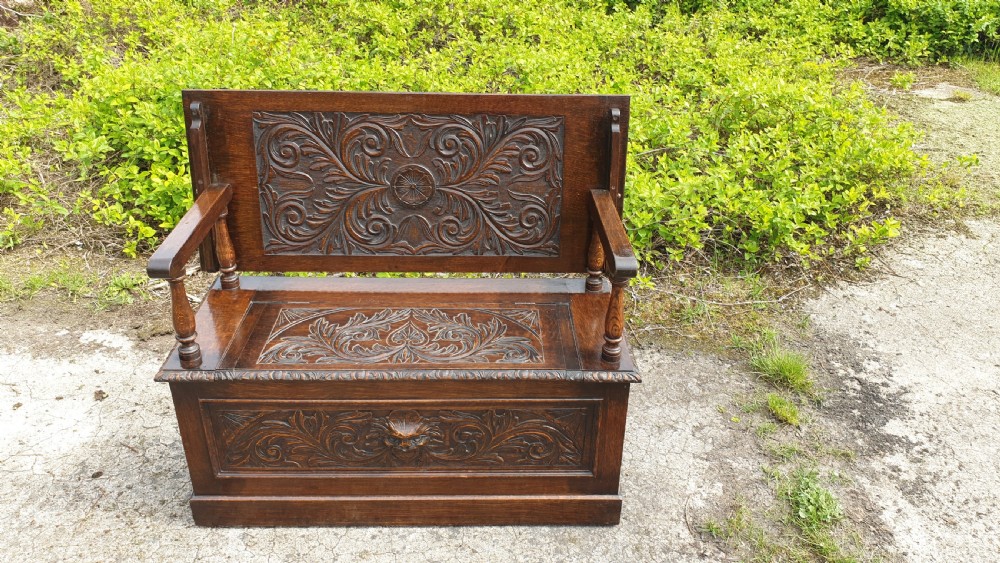 Late Victorian carved oak monks hall bench