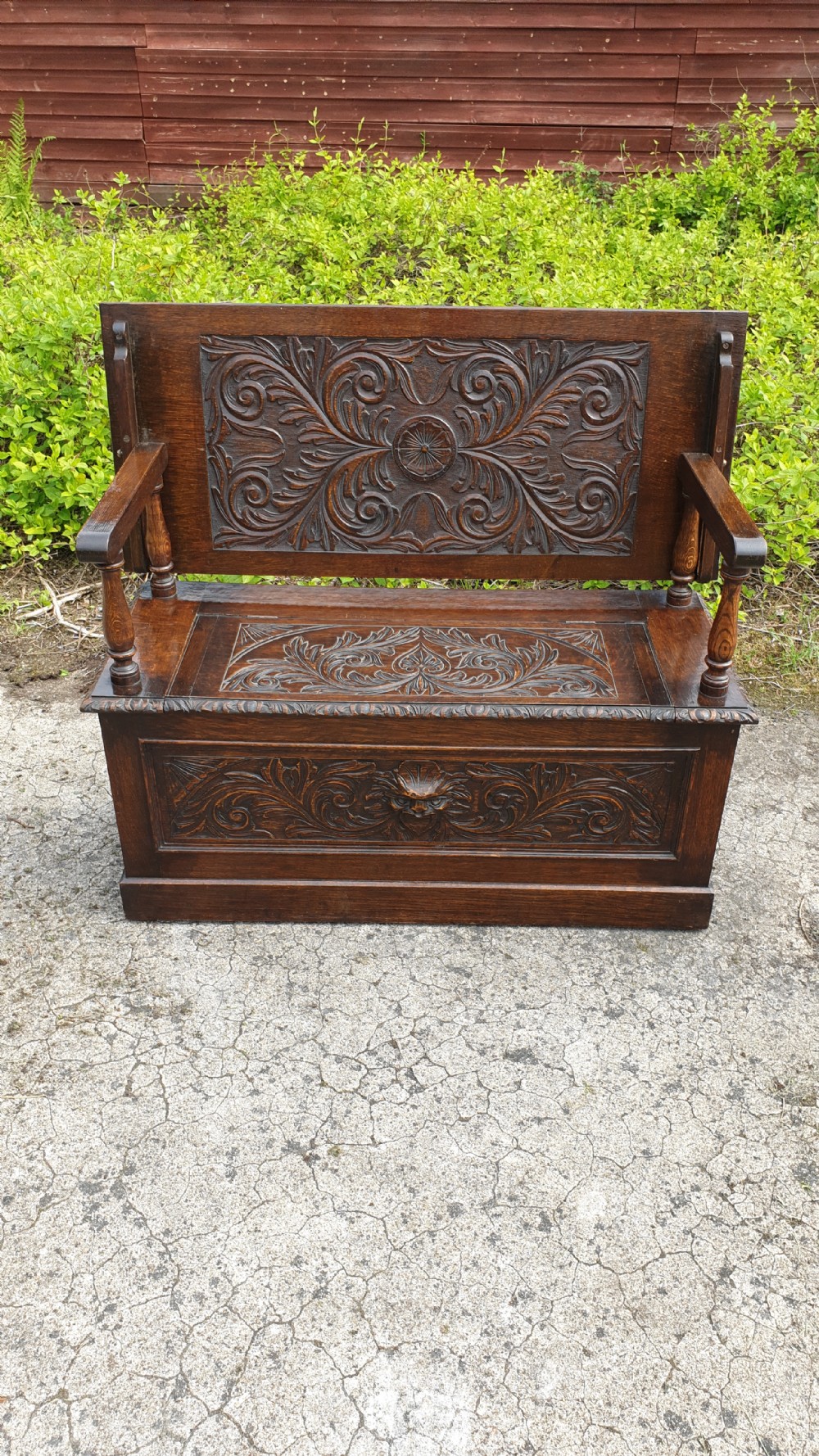 Late Victorian carved oak monks hall bench View II