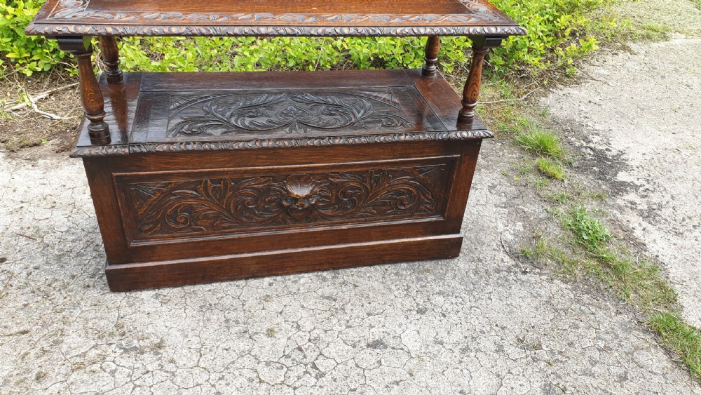 Late Victorian carved oak monks hall bench View III