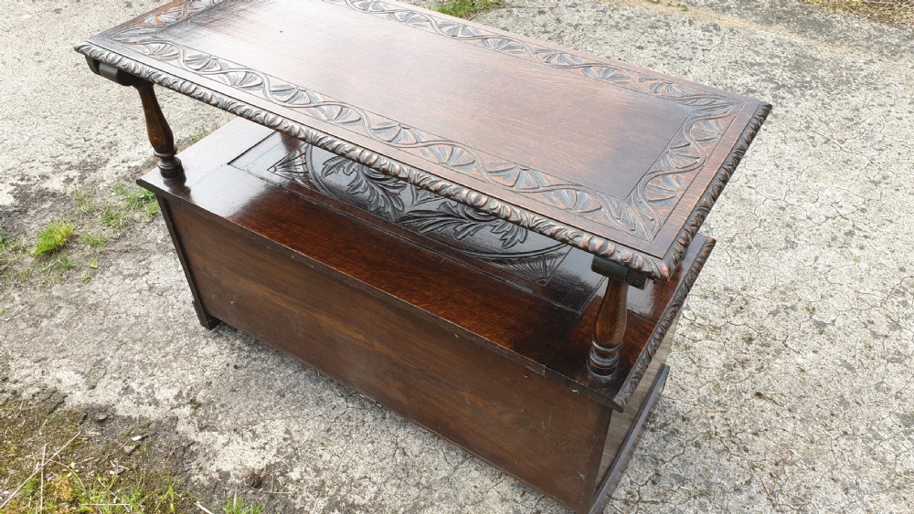 Late Victorian carved oak monks hall bench View IV