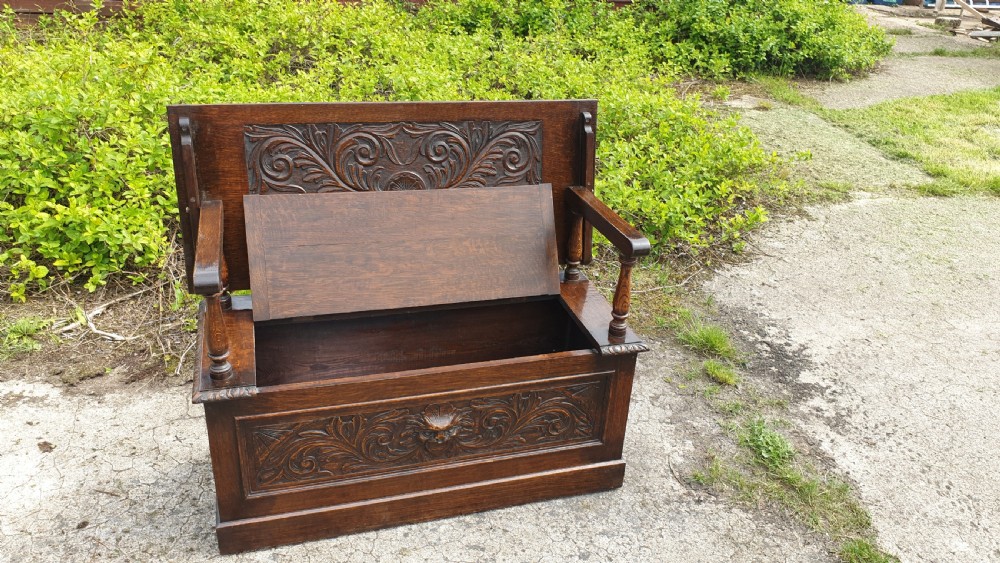 Late Victorian carved oak monks hall bench View V