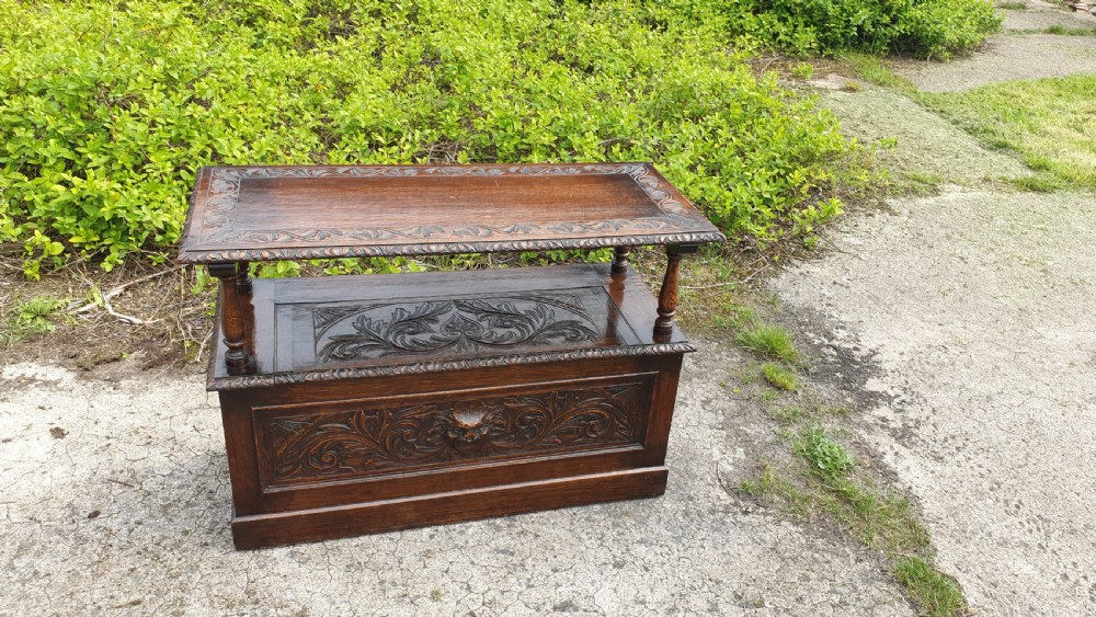 Late Victorian carved oak monks hall bench View VI